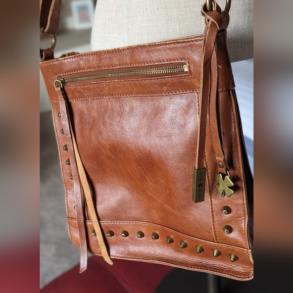 Lucky Brand Handbags - Lucky Brand Crossbody Bag Brown Distressed Leather Studded Purse